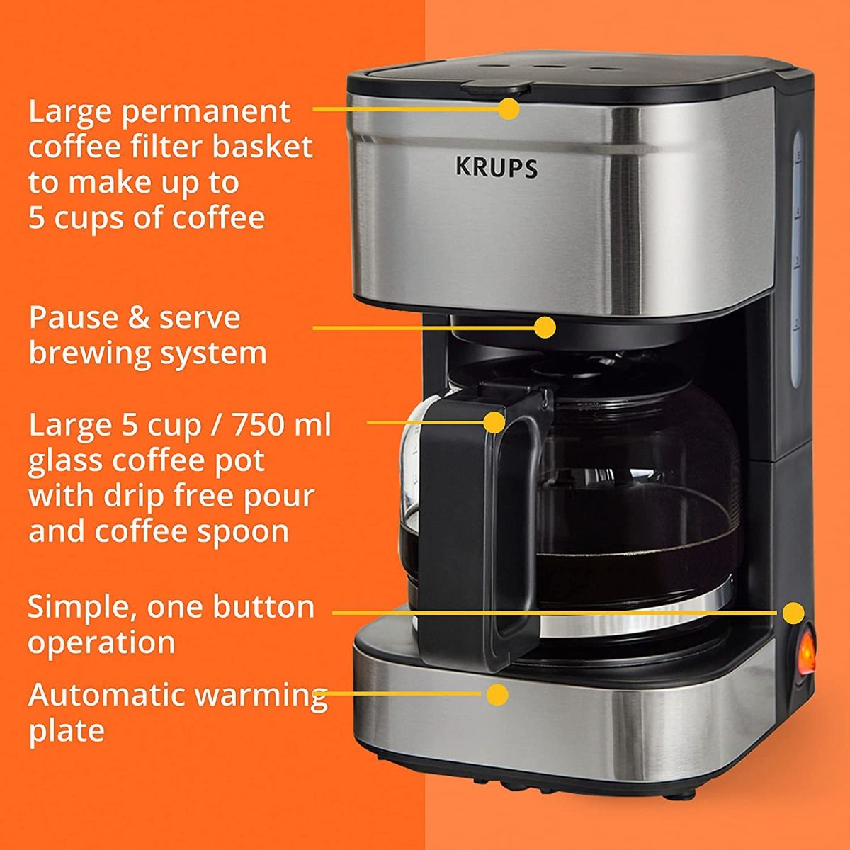 Krups Simply Brew 5-Cup Drip Coffee Maker | Stainless Steel 7 Krups Simply Brew 5-Cup Drip Coffee Maker | Stainless Steel - Image 7