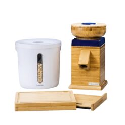 NutriMill Harvest Grain Mill | Blue + Cutting Board & Canister Bundle
